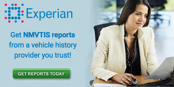 Experian Logo with business woman looking at computer